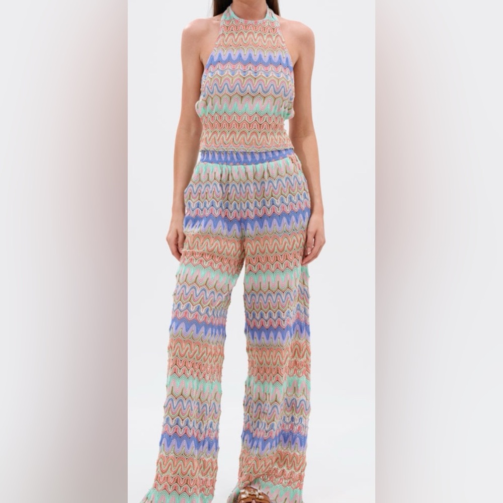 AKIRA Multicolor Wavy Halter Jumpsuit - Blue, Green, Peach